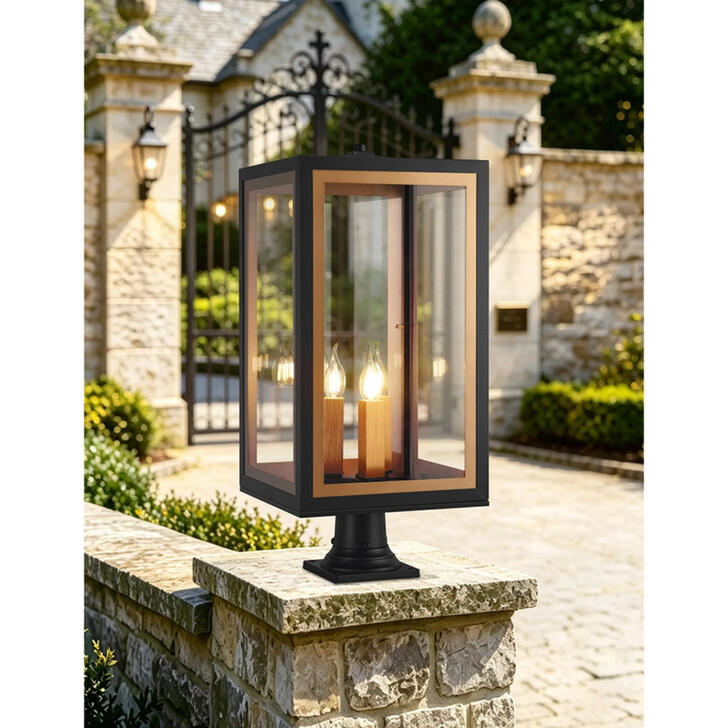 Idolite Wilmslow Satin Black And Gold 3 Light Large Rectangular Post Lamp With Clear Glass Lens - IP54