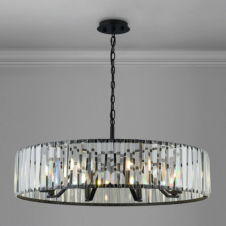 Idolite Windsor Satin Black Round 8 Light Crystal Pendant Light - 90cm