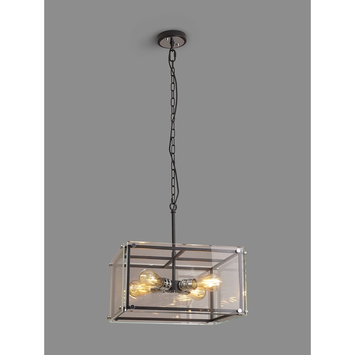 Idolite Wiredu Matt Black & Polished Chrome 4 Light Pendant With Clear Glass Panels