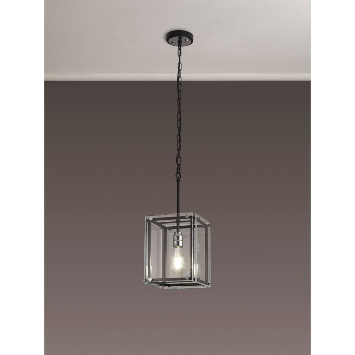 Idolite Wiredu Matt Black & Polished Chrome Single Pendant/Semi Flush Ceiling Light With Clear Glass Panels