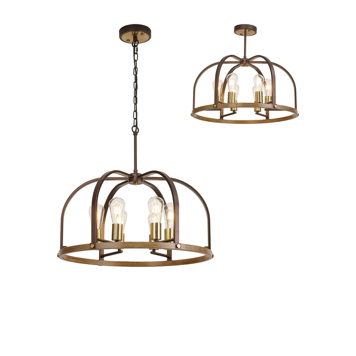 Idolite Zala Antique Bronze 6 Light Pendant Light Complete With Wood Effect Detailing