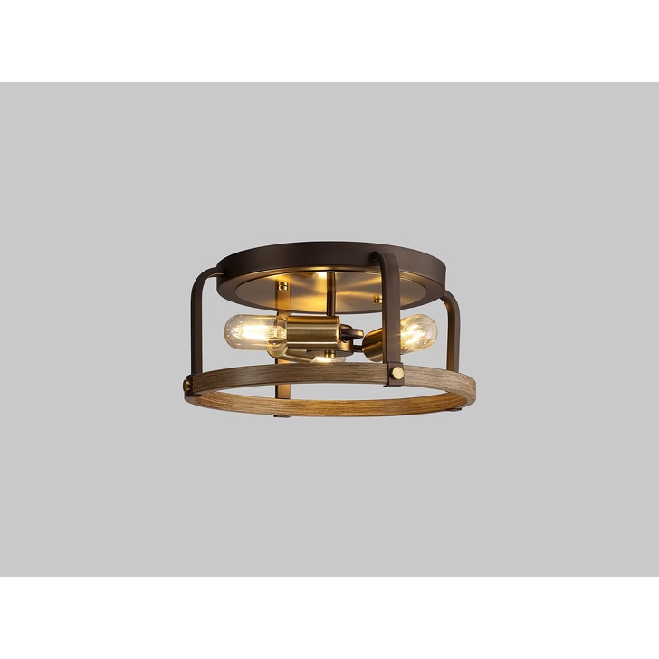 Idolite Zala Brown Oxide 3 Light Flush Ceiling Light With Antique Bronze & Wood Detailing