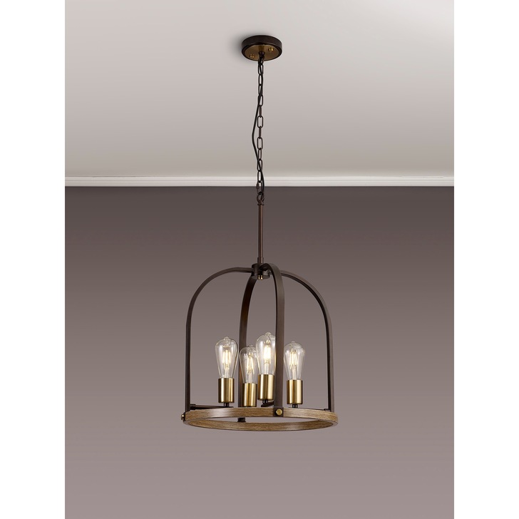 Idolite Zala Brown Oxide 4 Light Pendant/Semi Flush Ceiling Light With Antique Bronze & Wood Detailing