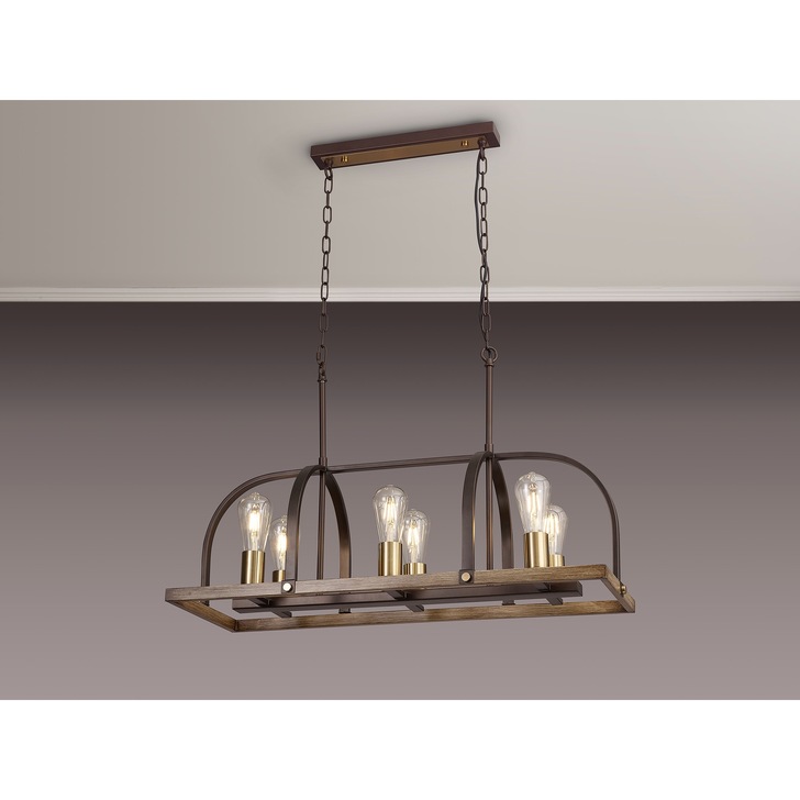 Idolite Zala Brown Oxide 6 Light Linear Bar Pendant With Antique Bronze & Wood Detailing