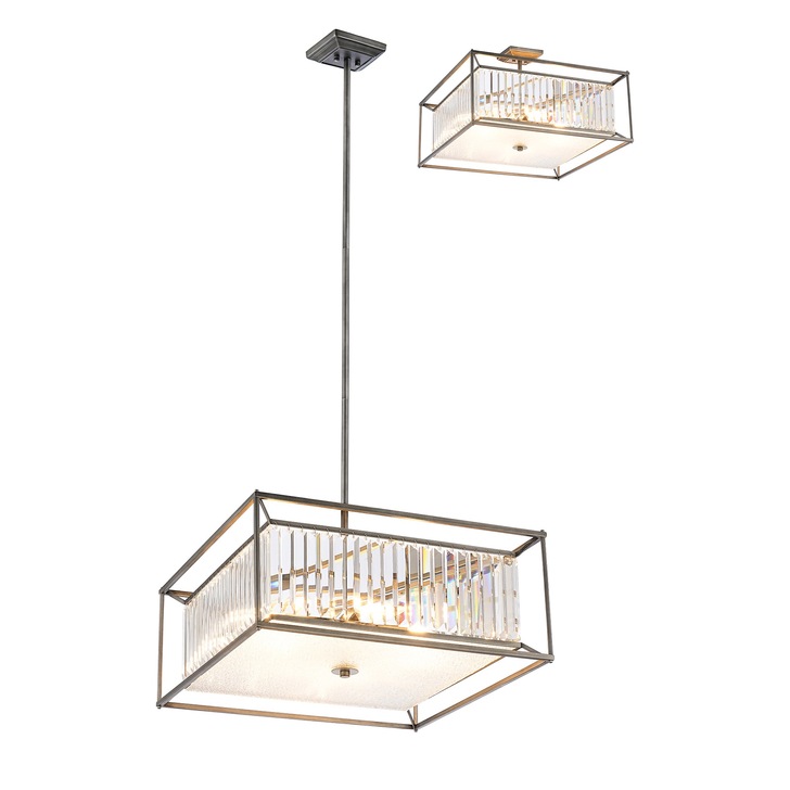 Idolite Zuri 6 Light Square Pendant/Semi-Flush Ceiling Light Pewter With Clear Glass