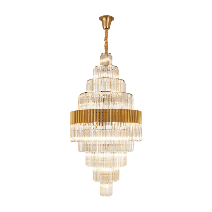 Idolote Carpathian 90cm 9 Tier Extra Large Diamond Round Glass 9 Tier Pendant Light in Brass Complete With Clear Cognac Glass