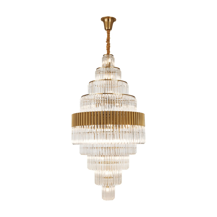 Idolote Carpathian 90cm 9 Tier Extra Large Diamond Round Glass 9 Tier Pendant Light in Brass Complete With Clear Sculpted Glass