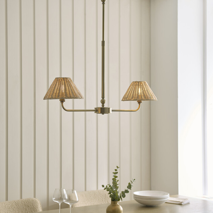 Jericho 2 Light Linear Telescopic Pendant Antique Brass With Natural Rattan Shades