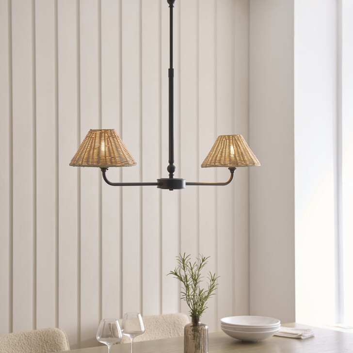 Jericho 2 Light Linear Telescopic Pendant Matt Black With Natural Rattan Shades