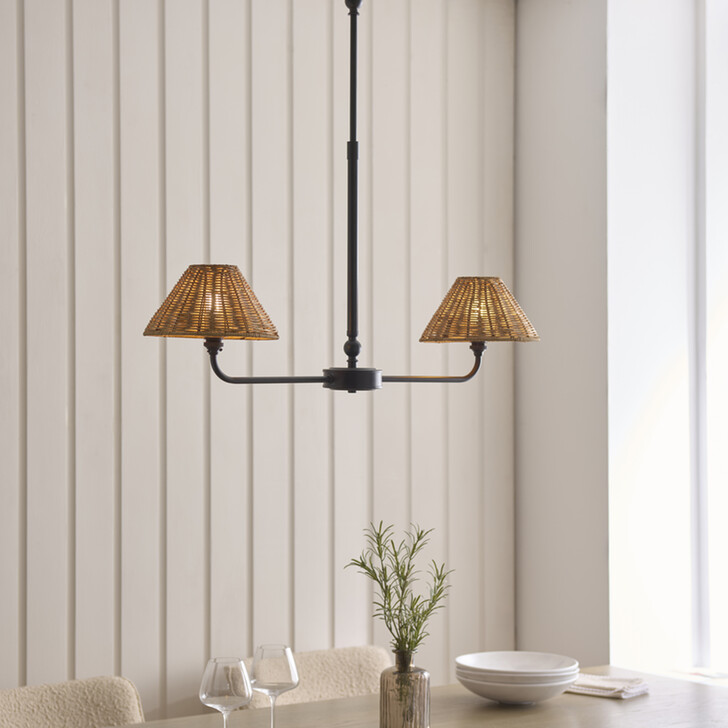Jericho 2 Light Linear Telescopic Pendant Matt Black With Warm Brown Rattan Shades