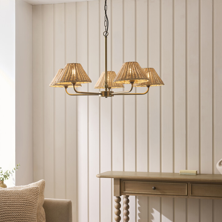 Jericho 5 Light Multi Arm Pendant Antique Brass With Natural Rattan Shades