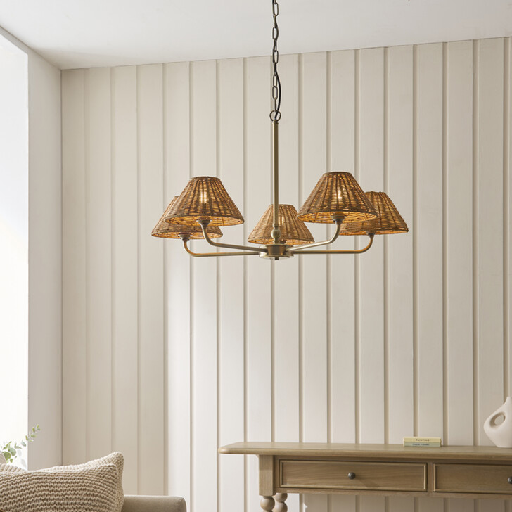 Jericho 5 Light Multi Arm Pendant Antique Brass With Warm Brown Rattan Shades