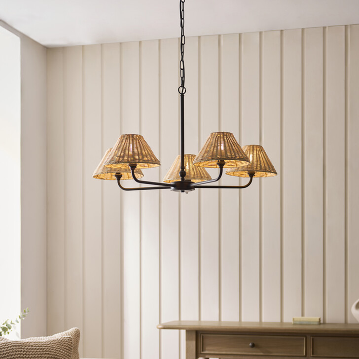 Jericho 5 Light Multi Arm Pendant Matt Black With Natural Rattan Shades