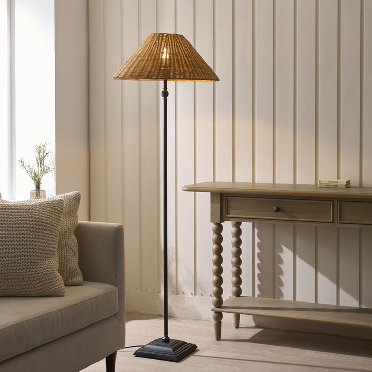 Jericho Floor Lamp Matt Black With Warm Brown Rattan Shade