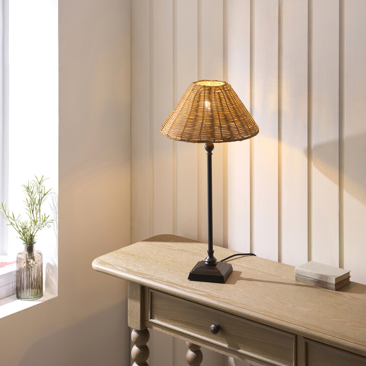 Jericho Table Lamp Matt Black With Warm Brown Rattan Shade