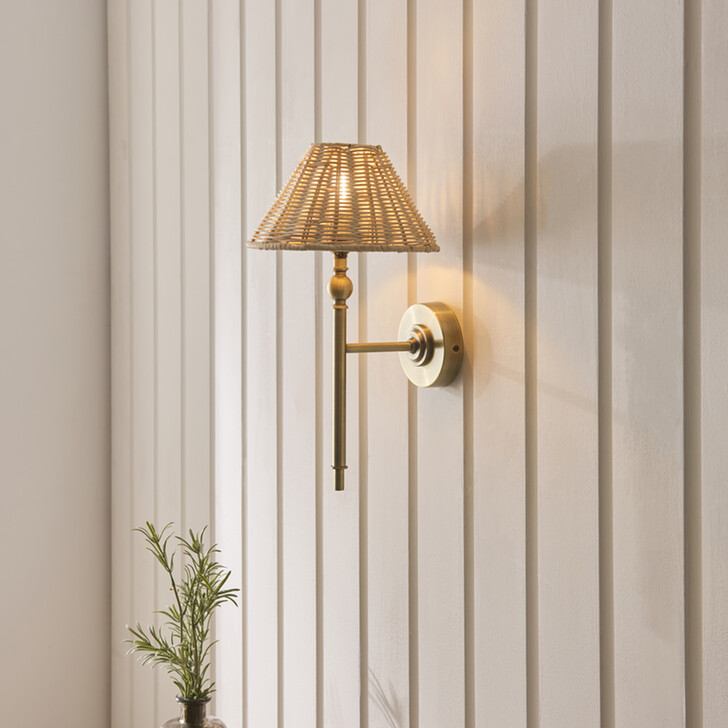Jericho Wall Light Antique Brass With Natural Rattan Shade