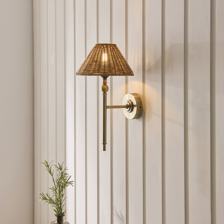 Jericho Wall Light Antique Brass With Warm Brown Rattan Shade