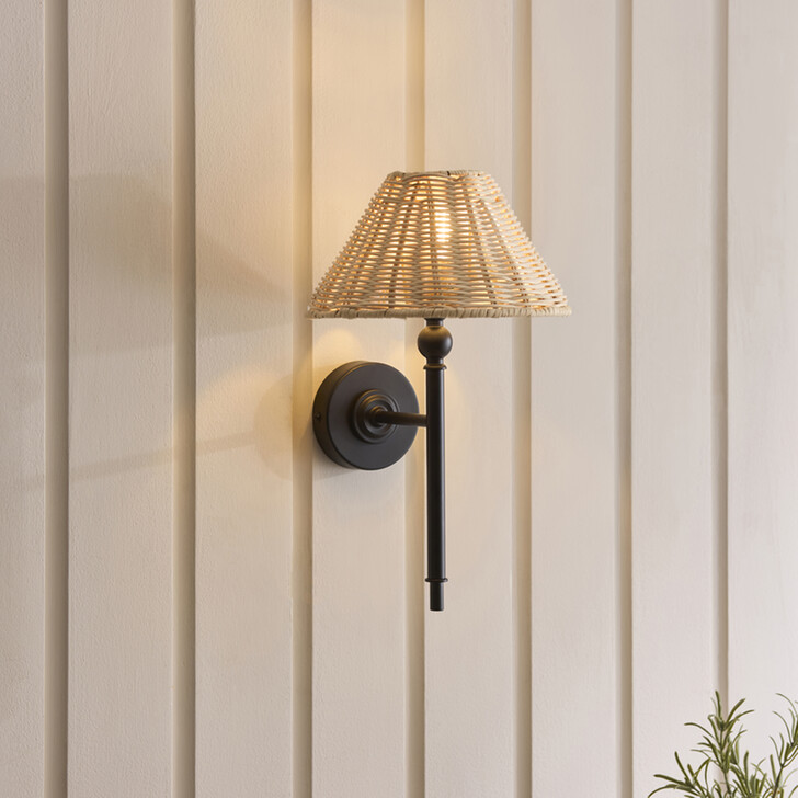 Jericho Wall Light Matt Black With Natural Rattan Shade