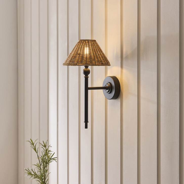 Jericho Wall Light Matt Black With Warm Brown Rattan Shade