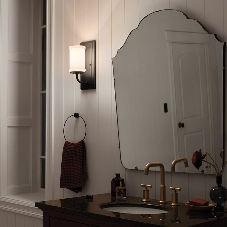 Kichler Vetivene Black Finish Bathroom Wall Light Complete With Shiny Opal Glass - IP44