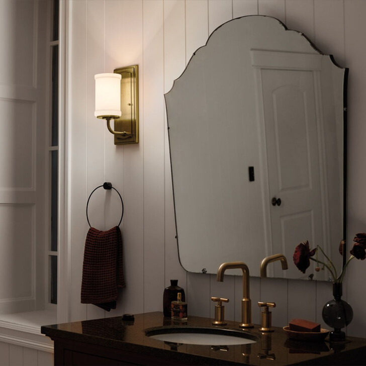 Kichler Vetivene Natural Brass Finish Bathroom Wall Light Complete With Shiny Opal Glass - IP44