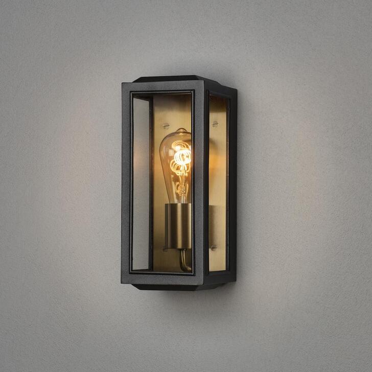 Konstsmide Carpi 7348 Matt Black & Brass Exterior Wall Light With Clear Glass Panels