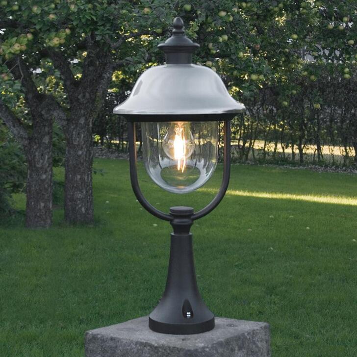 Konstsmide Parma Matt Black Exterior Pedestal Lamp Complete With Stainless Steel Hat And Clear Acrylic Lens