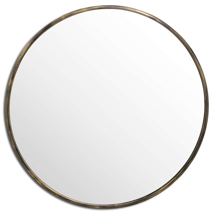 Large Round Mirror With Antique Brass Narrow Border 120cm