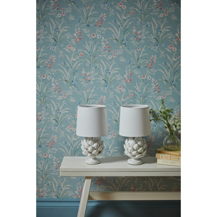 Laura Ashley Artichoke Twin Pack Of  White Ceramic Table Lamps Complete With NIvory Linen Shades - Switched