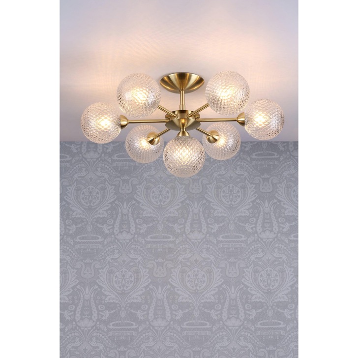 Laura Ashley Atherton 7 Light Satin Brass Semi Flush Ceiling Light Complete With Textured Glass Globes