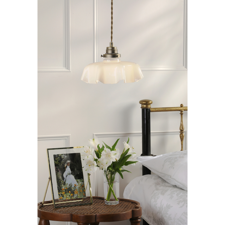 Laura Ashley Banham Pendant Matt Antique Brass and White Glass