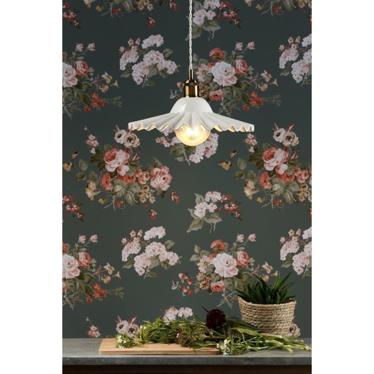 Laura Ashley Beca Large Single Pendant In Antique Brass Complete With White Ceramic Shade