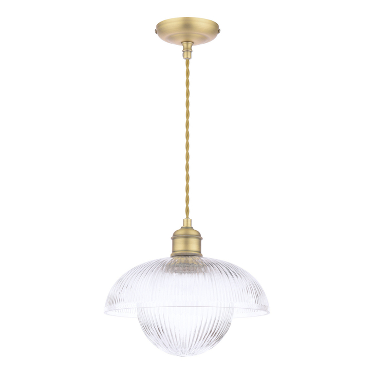Laura Ashley Billham Matt Antique Brass Single Pendant Light Complete With Clear Ribbed Glass