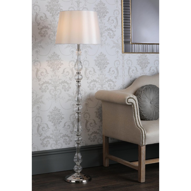 Laura Ashley Bradshaw Polished Nickel Floor Lamp With Ribbed Glass And Grey Shade - LA3756203-Q