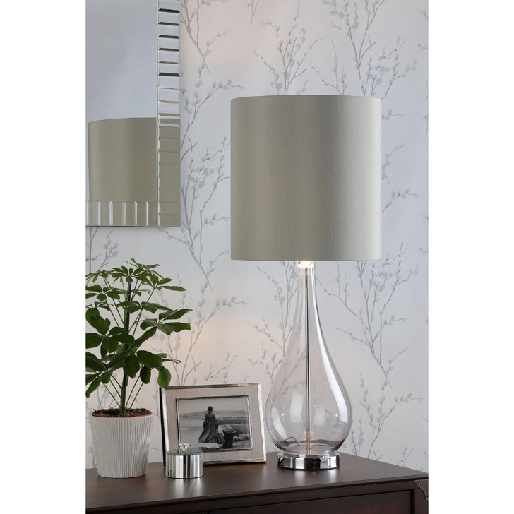 Laura Ashley Bronant Smoked Glass Table Lamp With Polished Chrome Detaling And Tall Silk Shade With Silver Mettallic Inner - LA3756223-Q