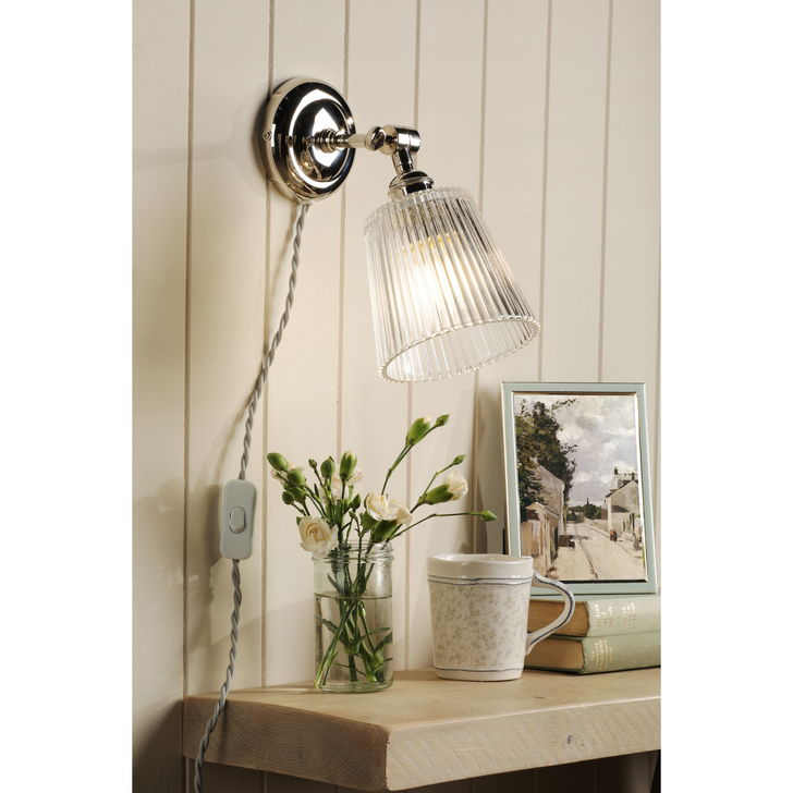 Laura Ashley Callaghan Plug-In Wall Light Polished Nickel and Ribbed Glass