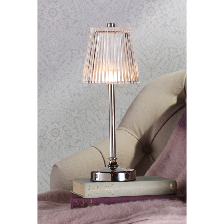 Laura Ashley Callaghan Wireless USB Rechargeable Table Lamp Polished Nickel With Ribbed Glass - Touch Dimmable 3000K Warm White LED