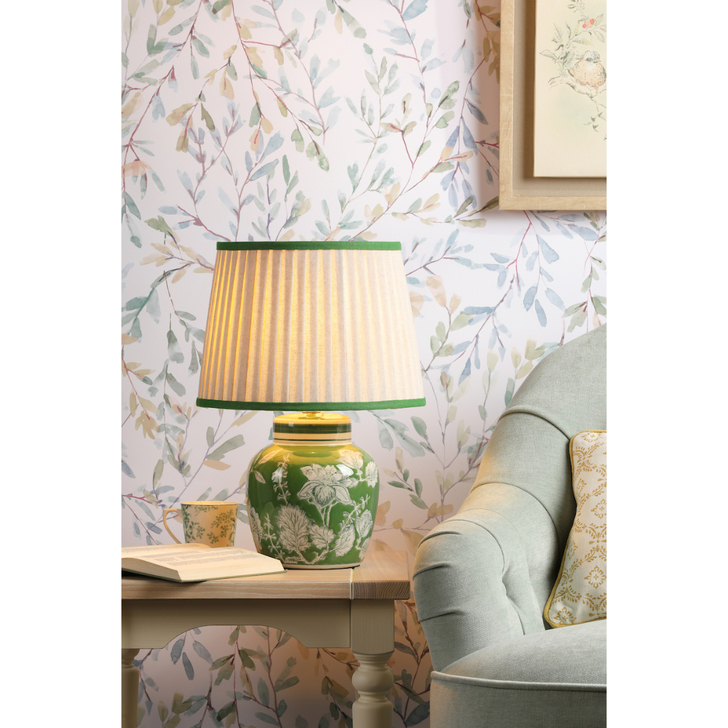 Laura Ashley Colwich Green And Antique Brass Ceramic Table Lamp Complete With Natural Linen Tapered Drum Shade