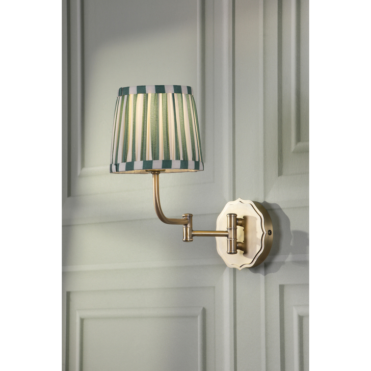 Laura Ashley Denwick Matt Antique Brass Swing Arm Wall Light Complete With A Green Cotton Mix Tapered Drum Shade