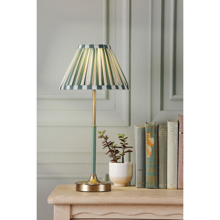 Laura Ashley Denwick Matt Antique Brass Table Lamp Complete With A Green Cotton Mix Tapered Drum Shade