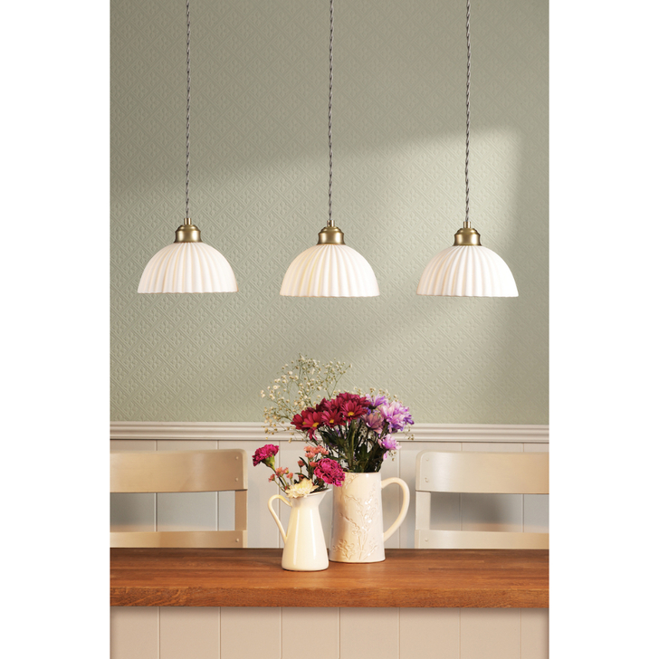 Laura Ashley Durford 3 Light Bar Pendant Light Complete With White Ceramic Ribbed Glass Shades