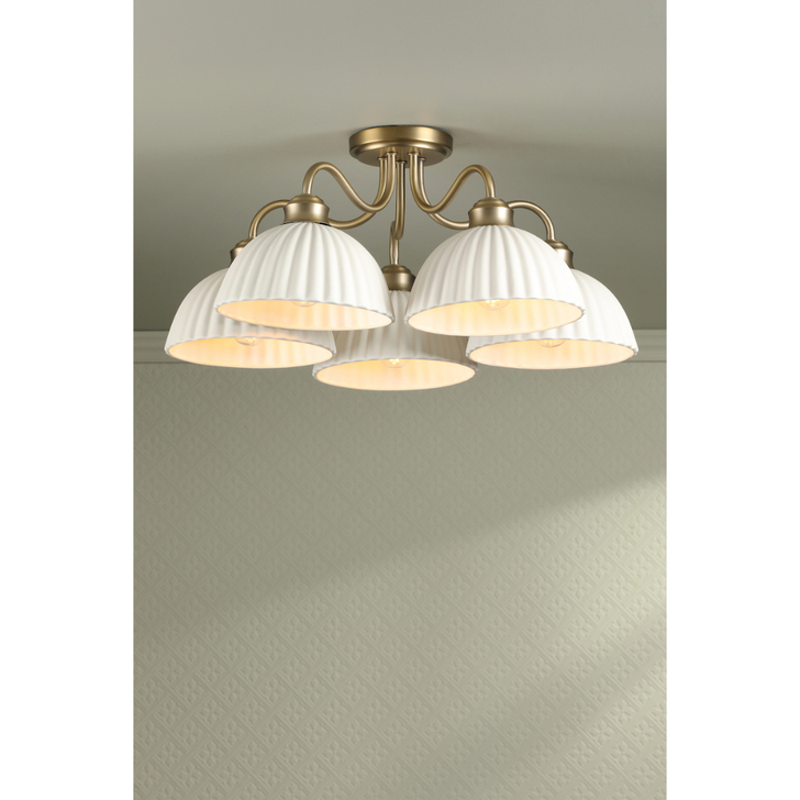 Laura Ashley Durford 5 Light Semi-Flush Ceiling Light Complete With White Ceramic Ribbed Glass Shades