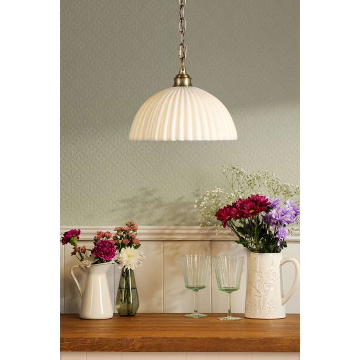 Laura Ashley Durford Large Single Pendant Light Complete With White Ceramic Ribbed Glass Shade