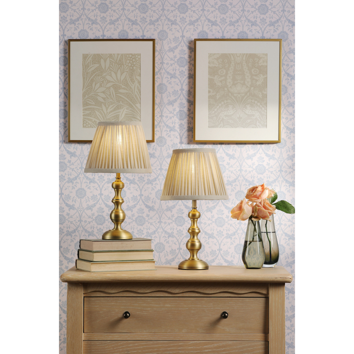 Laura Ashley Ezra Twin Pack of Antique Brass Table Lamps Complete With Pleated Oatmeal Shades - Switched
