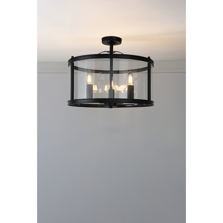 Laura Ashley Harrington 3 Light Semi-Flush Matt Black and Glass