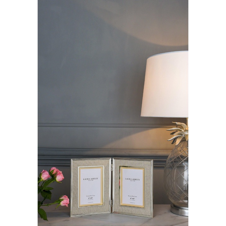 Laura Ashley Harrison Double Photo Frame Natural Linen With Polished Silver Detail - 2x 4x6