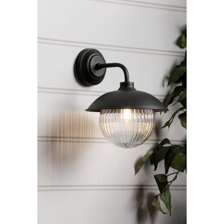 Laura Ashley Hatton Matt Black Outdoor Wall Light Complete With Clear Ribbed Glass - IP44