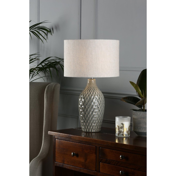 Laura Ashley Heathfield Gloss Grey Ceramic Table Lamp Complete With Natural Shade