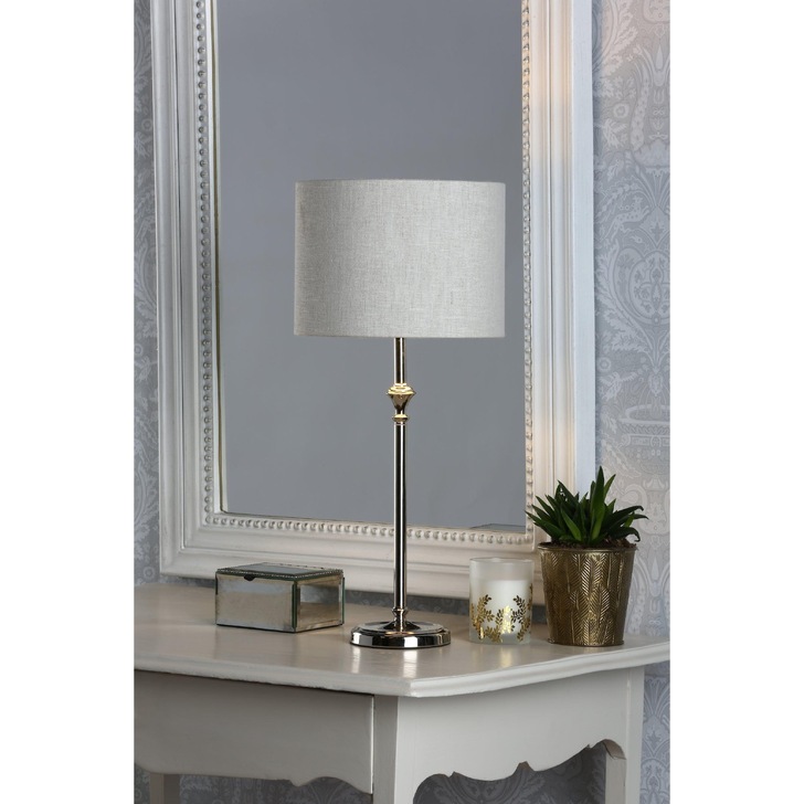 Laura Ashley Highgrove Polished Nickel Table Lamp Complete With Natural Shade