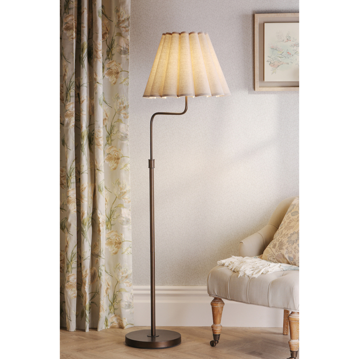 Laura Ashley Holwell Vintage Antique Bronze Floor Lamp Complete With Natural linen Scalloped Shade - Switched